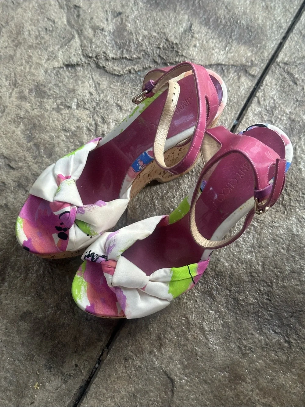 Jimmy Choo Pink Floral Cork Wedge Sandals with Ankle Strap